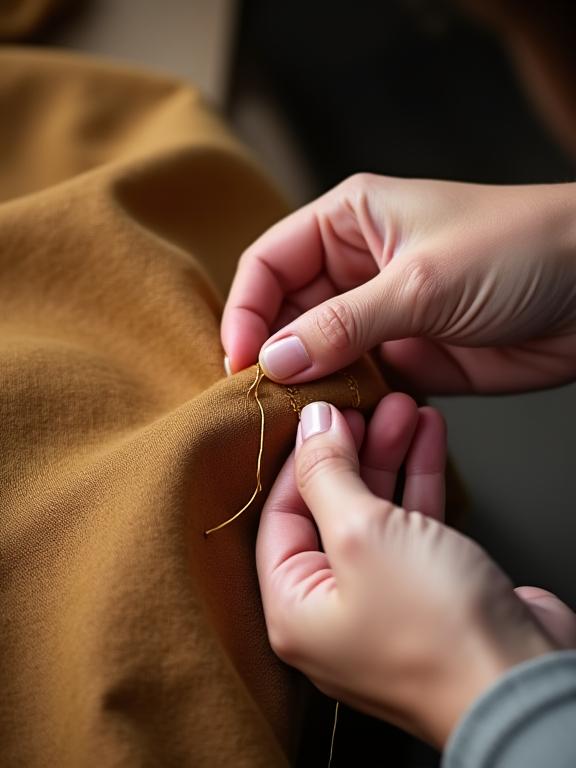 金色の糸で布を修繕している職人の手